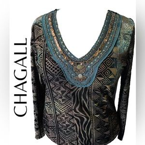 Vintage Unique Chagall Velvet Burnout Brown/Teal Top